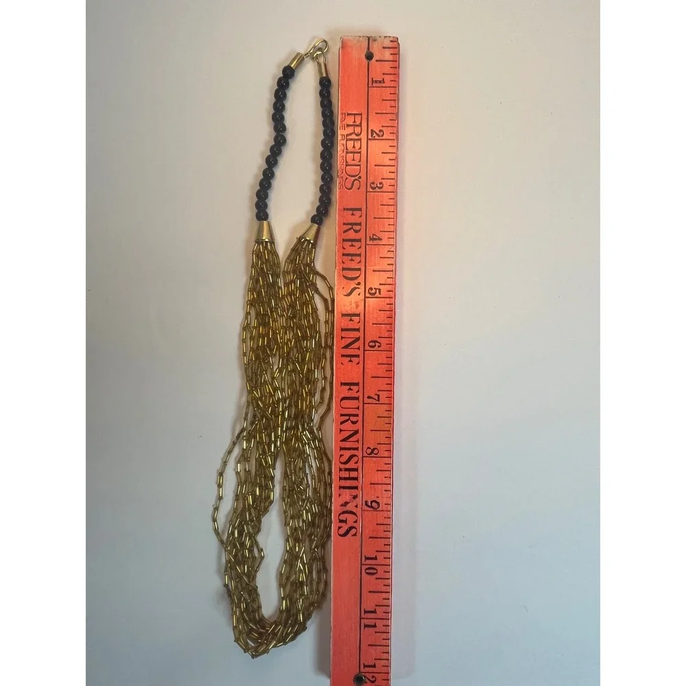 Vintage Gold Bugle Bead Multi Strand Necklace Black Accent Hook Clasp 24 Inch